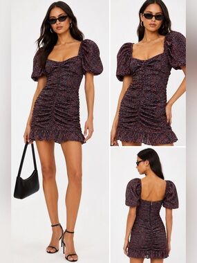 etophe Studios Ruched Puff Sleeve Mini Dress Floral Print Statement Piece